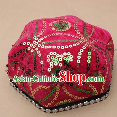 Chinese Traditional Xinjiang Ethnic Dance Hexagon Rosy Hat Uyghur Minority Nationality Headwear for Kids