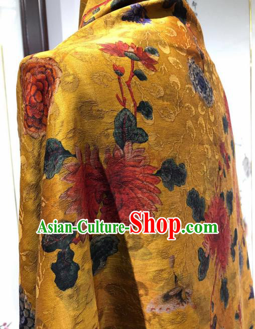 Asian Chinese Traditional Chrysanthemum Pattern Design Yellow Gambiered Guangdong Gauze Fabric Silk Material Asian Chinese Traditional Chrysanthemum Pattern Design Yellow Gambiered Guangdong Gauze Fabric Silk Material