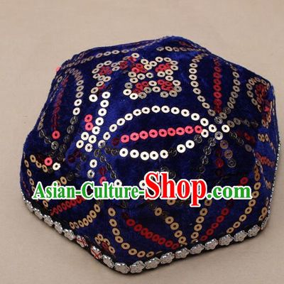 Chinese Traditional Xinjiang Ethnic Dance Hexagon Deep Blue Hat Uyghur Minority Nationality Headwear for Kids
