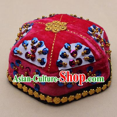 Chinese Traditional Xinjiang Ethnic Dance Paillette Rosy Hexagon Hat Uyghur Minority Nationality Headwear for Kids