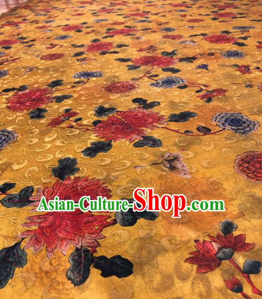 Asian Chinese Traditional Chrysanthemum Pattern Design Yellow Gambiered Guangdong Gauze Fabric Silk Material Asian Chinese Traditional Chrysanthemum Pattern Design Yellow Gambiered Guangdong Gauze Fabric Silk Material