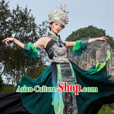 Traditional Chinese Miao Nationality Green Dress Guizhou Ethnic Folk Dance Stage Show Costume for Women