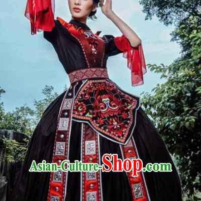 Traditional Chinese Miao Nationality Brown Dress Guizhou Ethnic Folk Dance Stage Show Costume for Women