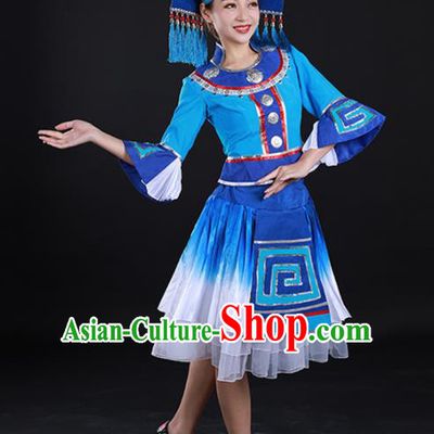 Traditional Chinese Zhuang Nationality Liu Sanjie Blue Dress Guangxi Ethnic Folk Dance Stage Show Costume for Women