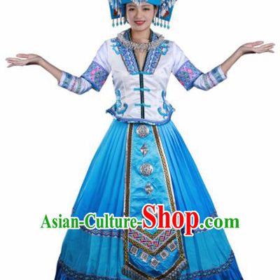 Traditional Chinese Zhuang Nationality Liu Sanjie Blue Long Dress Guangxi Ethnic Folk Dance Stage Show Costume for Women