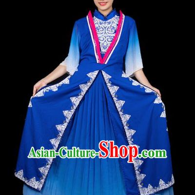 Traditional Chinese Jing Nationality Ha Festival Deep Blue Dress Ethnic Folk Dance Stage Show Costume for Women