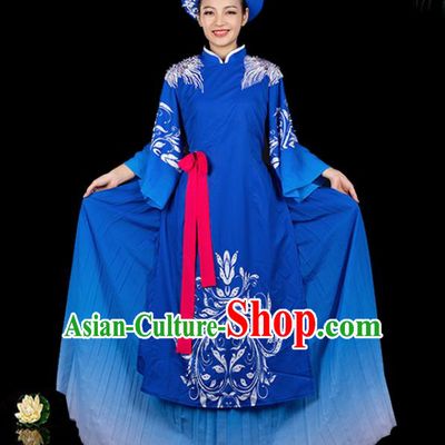 Traditional Chinese Jing Nationality Deep Blue Dress Ethnic Ha Festival Folk Dance Stage Show Costume for Women