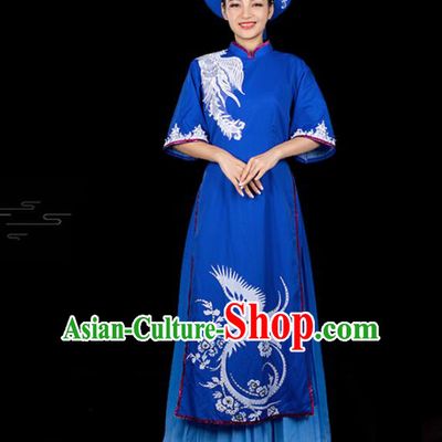 Traditional Chinese Jing Nationality Printing Blue Dress Ethnic Ha Festival Folk Dance Stage Show Costume for Women