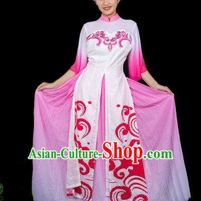 Traditional Chinese Jing Nationality Printing Pink Dress Ethnic Ha Festival Folk Dance Stage Show Costume for Women