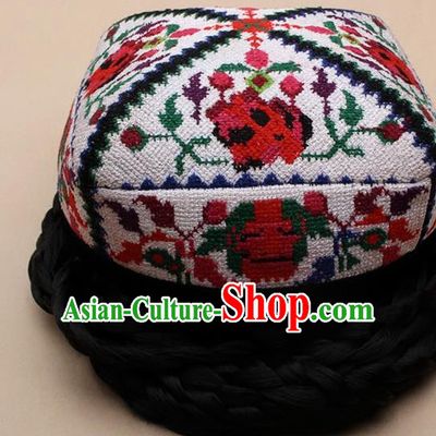 Chinese Traditional Uyghur Minority Embroidered Rose White Hat Ethnic Nationality Folk Dance Stage Show Headwear for Women