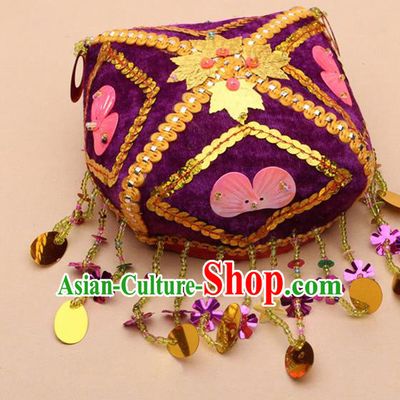 Chinese Traditional Uyghur Minority Embroidered Paillette Purple Hat Ethnic Nationality Folk Dance Stage Show Headwear for Women