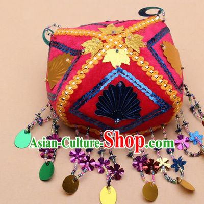 Chinese Traditional Uyghur Minority Handmade Paillette Pink Hat Ethnic Nationality Folk Dance Stage Show Headwear for Women
