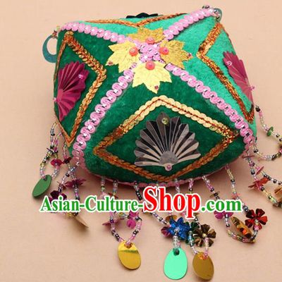 Chinese Traditional Uyghur Minority Handmade Paillette Green Hat Ethnic Nationality Folk Dance Stage Show Headwear for Women