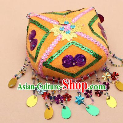Chinese Traditional Uyghur Minority Handmade Paillette Yellow Hat Ethnic Nationality Folk Dance Stage Show Headwear for Women