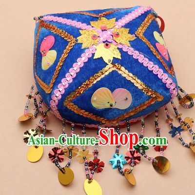 Chinese Traditional Uyghur Minority Handmade Paillette Blue Hat Ethnic Nationality Folk Dance Stage Show Headwear for Women