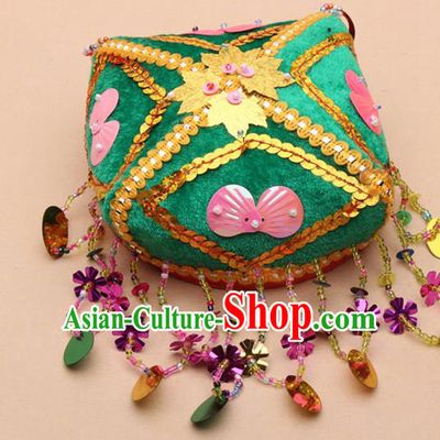 Chinese Traditional Uyghur Minority Handmade Paillette Green Hat Ethnic Nationality Folk Dance Stage Show Headwear for Women