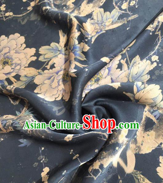 Asian Chinese Traditional Peony Pattern Design Navy Gambiered Guangdong Gauze Fabric Silk Material Asian Chinese Traditional Peony Pattern Design Navy Gambiered Guangdong Gauze Fabric Silk Material