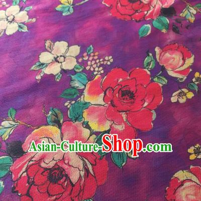 Asian Chinese Traditional Camellia Pattern Design Purple Gambiered Guangdong Gauze Fabric Silk Material