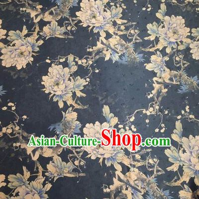 Asian Chinese Traditional Peony Pattern Design Navy Gambiered Guangdong Gauze Fabric Silk Material