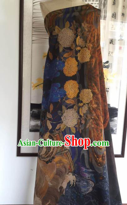 Asian Chinese Traditional Hydrangea Pattern Design Blue Gambiered Guangdong Gauze Fabric Silk Material Asian Chinese Traditional Hydrangea Pattern Design Blue Gambiered Guangdong Gauze Fabric Silk Material