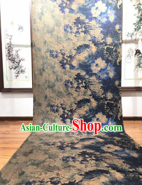 Asian Chinese Traditional Lotus Pattern Design Navy Gambiered Guangdong Gauze Fabric Silk Material Asian Chinese Traditional Lotus Pattern Design Navy Gambiered Guangdong Gauze Fabric Silk Material