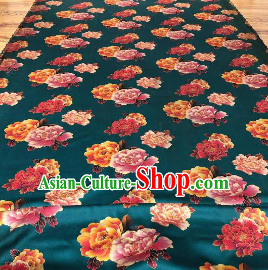 Asian Chinese Traditional Peony Pattern Design Peacock Green Gambiered Guangdong Gauze Fabric Silk Material Asian Chinese Traditional Peony Pattern Design Peacock Green Gambiered Guangdong Gauze Fabric Silk Material