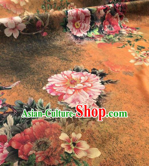 Asian Chinese Traditional Peony Pattern Design Ginger Gambiered Guangdong Gauze Fabric Silk Material Asian Chinese Traditional Peony Pattern Design Ginger Gambiered Guangdong Gauze Fabric Silk Material