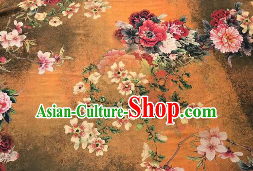 Asian Chinese Traditional Peony Pattern Design Ginger Gambiered Guangdong Gauze Fabric Silk Material Asian Chinese Traditional Peony Pattern Design Ginger Gambiered Guangdong Gauze Fabric Silk Material