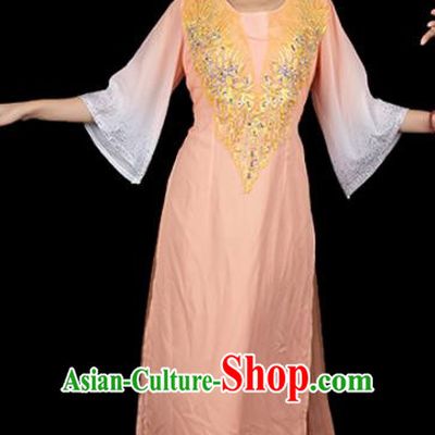 Traditional Chinese Jing Nationality Apricot Dress Ethnic Ha Festival Folk Dance Stage Show Costume for Women