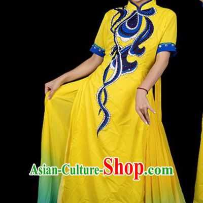 Traditional Chinese Jing Nationality Folk Dance Yellow Dress Ethnic Ha Festival Stage Show Costume for Women