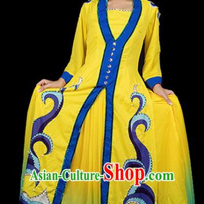 Traditional Chinese Jing Nationality Yellow Dress Ethnic Ha Festival Folk Dance Costume for Women