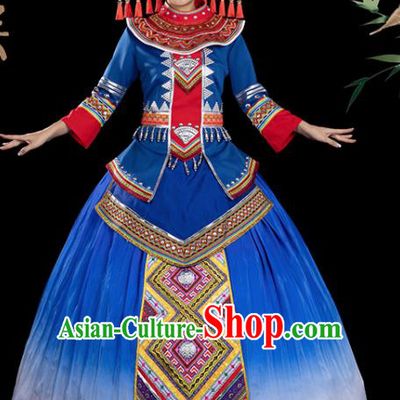Traditional Chinese Zhuang Nationality Stage Show Blue Dress Ethnic Festival Folk Dance Costume for Women