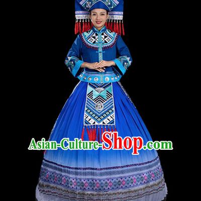 Traditional Chinese Zhuang Nationality Stage Show Deep Blue Dress Ethnic Festival Folk Dance Costume for Women