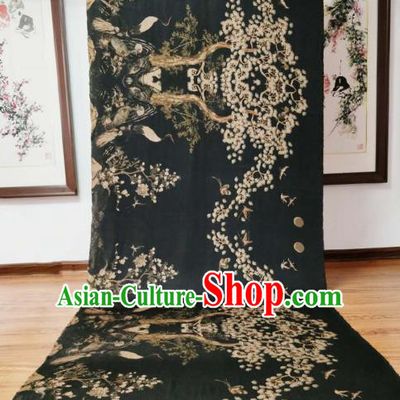 Asian Chinese Traditional Pine Crane Pattern Design Black Gambiered Guangdong Gauze Fabric Silk Material