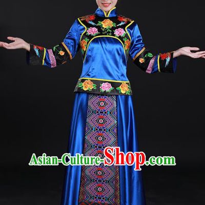 Chinese Traditional Yao Nationality Royalblue Dress Ethnic Folk Dance Stage Show Costume for Women