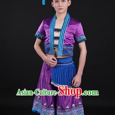 Chinese Traditional Yao Nationality Purple Outfits Ethnic Minority Folk Dance Stage Show Costume for Men