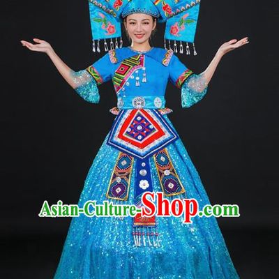 Chinese Traditional Zhuang Nationality Light Blue Dress Ethnic Folk Dance Stage Show Costume for Women