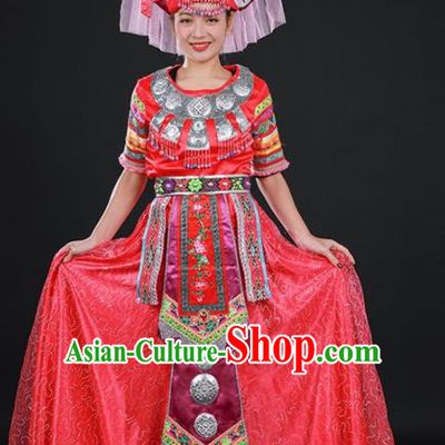 Chinese Traditional Zhuang Nationality Red Dress Ethnic Folk Dance Stage Show Costume for Women