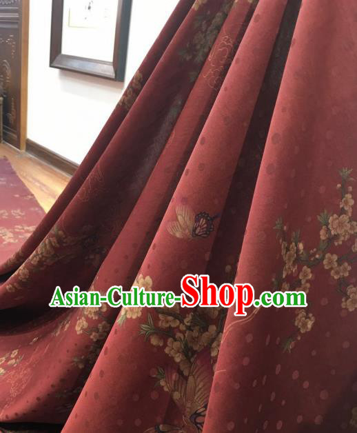 Asian Chinese Traditional Plum Blossom Pattern Design Red Gambiered Guangdong Gauze Fabric Silk Material Asian Chinese Traditional Plum Blossom Pattern Design Red Gambiered Guangdong Gauze Fabric Silk Material