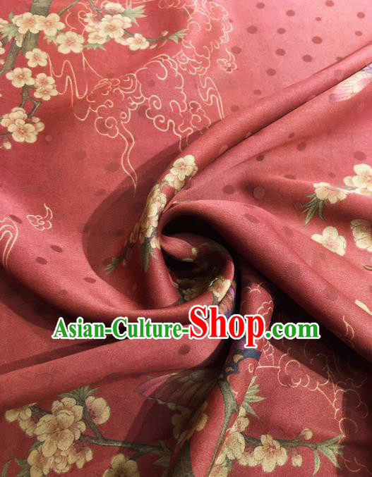 Asian Chinese Traditional Plum Blossom Pattern Design Red Gambiered Guangdong Gauze Fabric Silk Material Asian Chinese Traditional Plum Blossom Pattern Design Red Gambiered Guangdong Gauze Fabric Silk Material