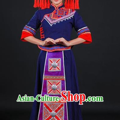 Chinese Traditional Zhuang Nationality Navy Dress Ethnic Folk Dance Stage Show Costume for Women