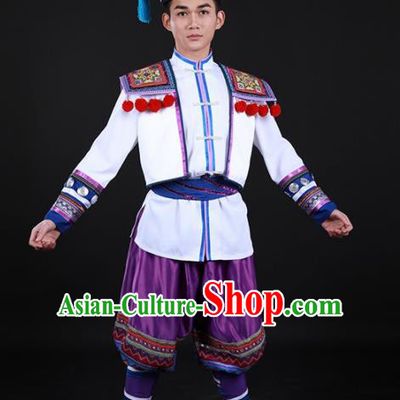 Chinese Traditional Yao Nationality Festival Purple Outfits Ethnic Minority Folk Dance Stage Show Costume for Men