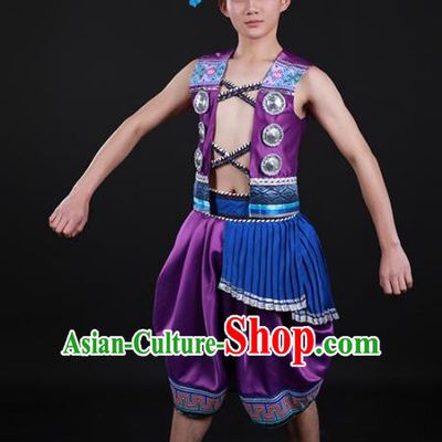 Chinese Traditional Yao Nationality Festival Purple Outfits Ethnic Minority Folk Dance Stage Show Costume for Men
