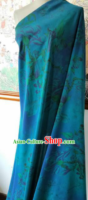 Asian Chinese Traditional Yulan Magnolia Pattern Design Blue Gambiered Guangdong Gauze Fabric Silk Material