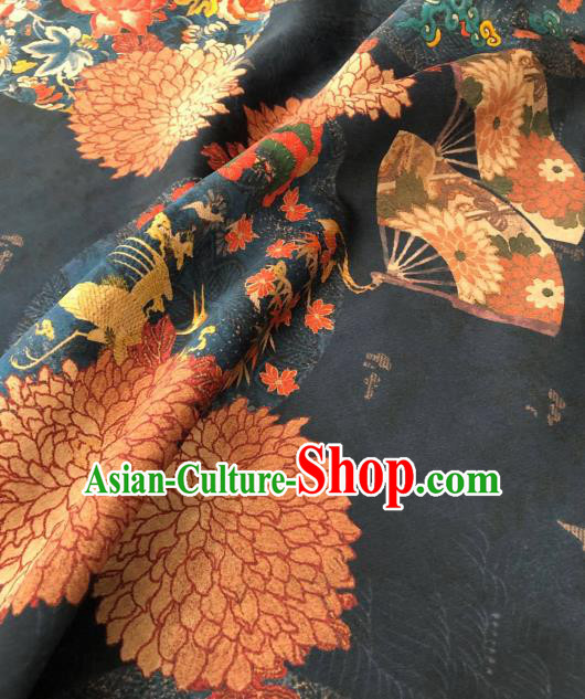 Asian Chinese Traditional Chrysanthemum Peony Pattern Design Navy Gambiered Guangdong Gauze Fabric Silk Material Asian Chinese Traditional Chrysanthemum Peony Pattern Design Navy Gambiered Guangdong Gauze Fabric Silk Material