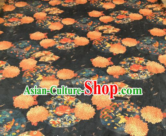 Asian Chinese Traditional Chrysanthemum Peony Pattern Design Navy Gambiered Guangdong Gauze Fabric Silk Material Asian Chinese Traditional Chrysanthemum Peony Pattern Design Navy Gambiered Guangdong Gauze Fabric Silk Material