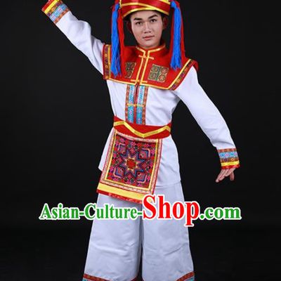 Chinese Traditional Hani Nationality Festival White Outfits Ethnic Minority Folk Dance Stage Show Costume for Men