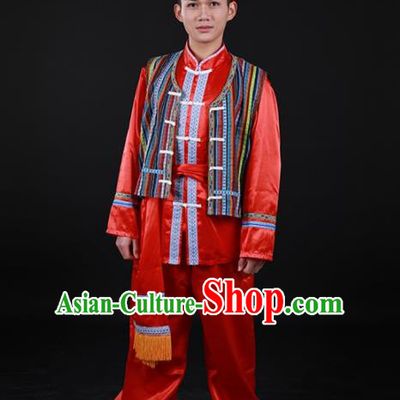 Chinese Traditional Nu Nationality Festival Red Outfits Ethnic Minority Folk Dance Stage Show Costume for Men