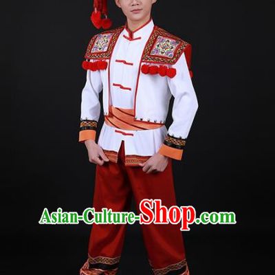 Chinese Traditional Yao Nationality Festival Red Outfits Ethnic Minority Folk Dance Stage Show Costume for Men