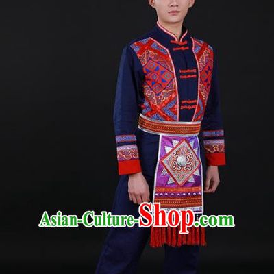 Chinese Traditional Zhuang Nationality Festival Navy Outfits Ethnic Minority Folk Dance Stage Show Costume for Men